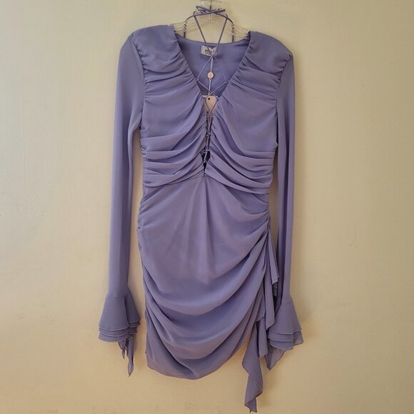 Oh Polly Periwinkle Ruffle Lace Up Plunge 'Cemile' Mini Dress SIZE 6/ SMALL NWT - Picture 6 of 8